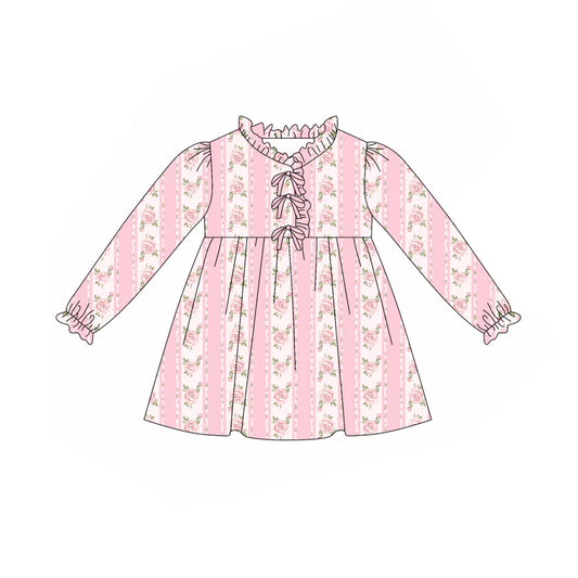 7.31Preorder(moq 5) Baby Girls Long Ruffle Sleeves Pink Flower Stripe Knee Length Dresses