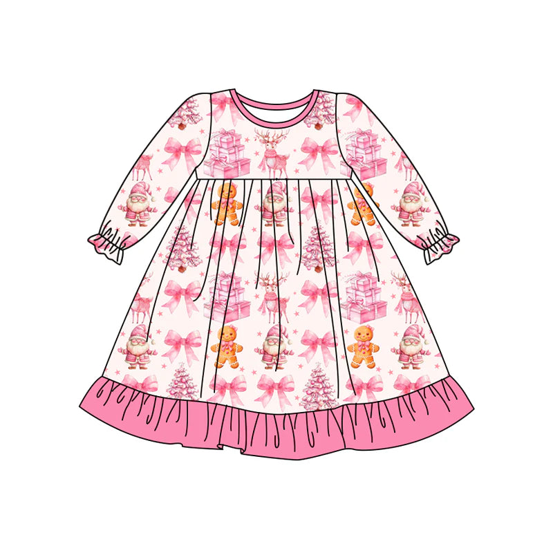 7.11Preorder (moq 5)Baby Girls Long Ruffle Sleeves Pink Bows Gingerbread Knee Length Dresses