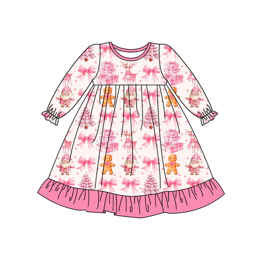 7.11Preorder (moq 5)Baby Girls Long Ruffle Sleeves Pink Bows Gingerbread Knee Length Dresses