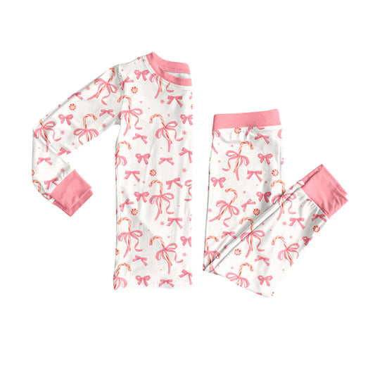 7.16Preorder (moq 5)Baby Girls Long Sleeves Bows Candy Cane Top Pant Pajamas Set