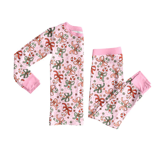 7.10Preorder (moq 5)Baby Girls Long Sleeves Bows Candy Cane Plaid Top Pant Pajamas Clothes Set