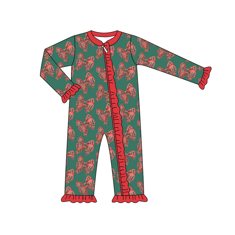 7.15Preorder (moq 5)Baby Girls Green Long Sleeves Red Plaid Bows Ruffle Zipper Romper