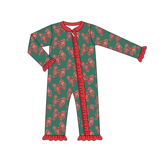 7.15Preorder (moq 5)Baby Girls Green Long Sleeves Red Plaid Bows Ruffle Zipper Romper