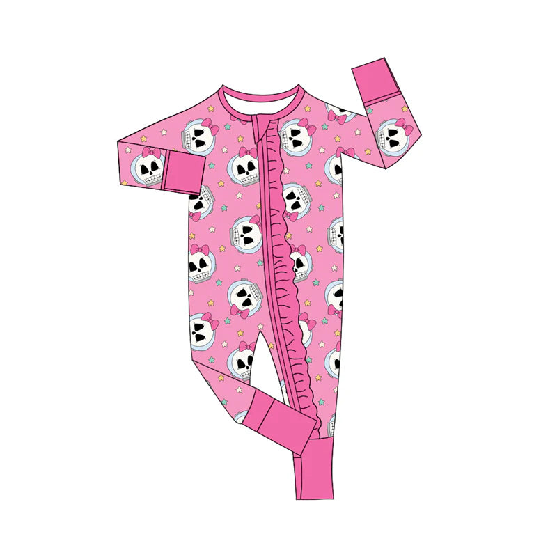 7.15Preorder (moq 5)Baby Girls Pink Long Sleeves Bows Skulls Stars Plaid Ruffle Zipper Romper