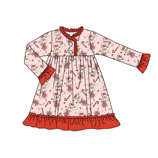 7.11Preorder (moq 5)Baby Girls Long Ruffle Sleeves Pink Candy Cane Button Knee Length Dresses