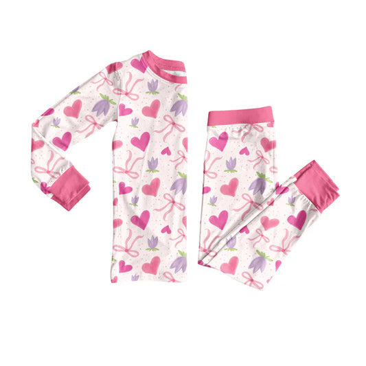 7.21Preorder (moq 5)Baby Girls Long Sleeves Pink Hearts Bows Flowers Top Pants Pajamas Set