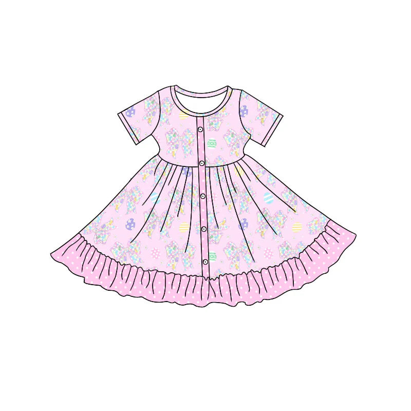 X909Preorder (moq 5)Baby Girls Flower Bows Eggs Button Ruffle Easter Knee Length Dresses