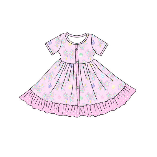 X909Preorder (moq 5)Baby Girls Flower Bows Eggs Button Ruffle Easter Knee Length Dresses