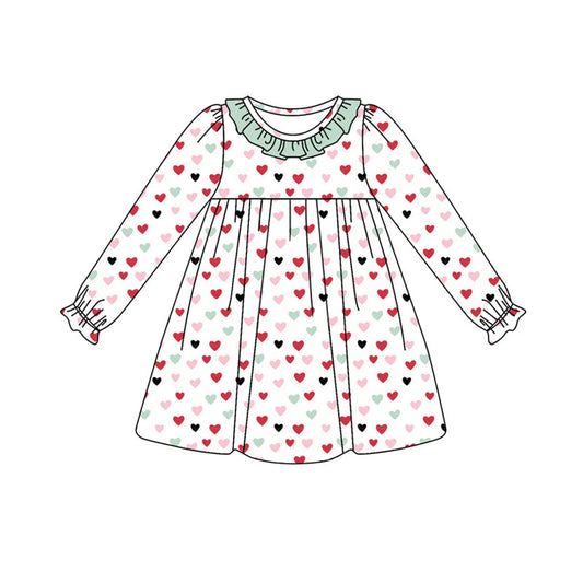 X922Preorder (moq 5)Baby Girls Long Ruffle Sleeve Colorful Hearts Valentine Knee Length Dresses