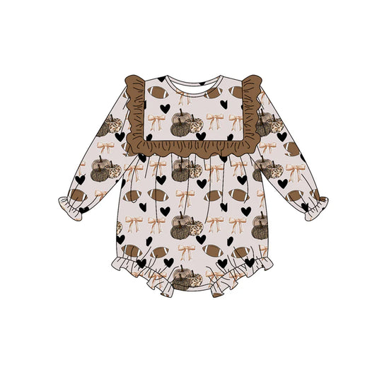 7.15Preorder (moq 5)Baby Girls Gray Long Sleeves Footballs Bows Pumpkins Plaid Ruffle Romper