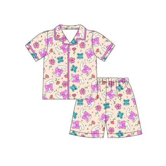 X12.17 Preorder (moq 5)Baby Girls Bows Rabbits Flowers Button Top Shorts Easter Pajamas Sets