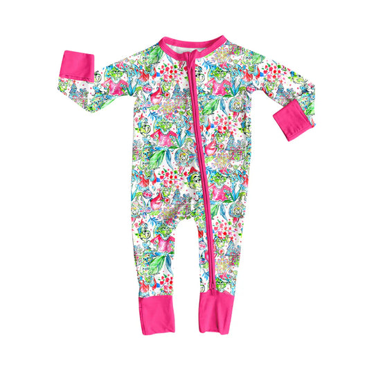 8.6Preorder(moq 5)Baby Infant Boys Long Sleeves Floral Green Face Christmas Zipper Rompers
