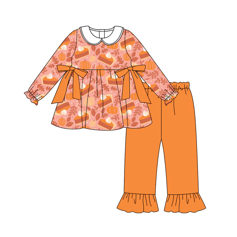 7.12Preorder (moq 5)Baby Girls Long Sleeves Pie Pumpkins Bows Tunic Ruffle Pant Set