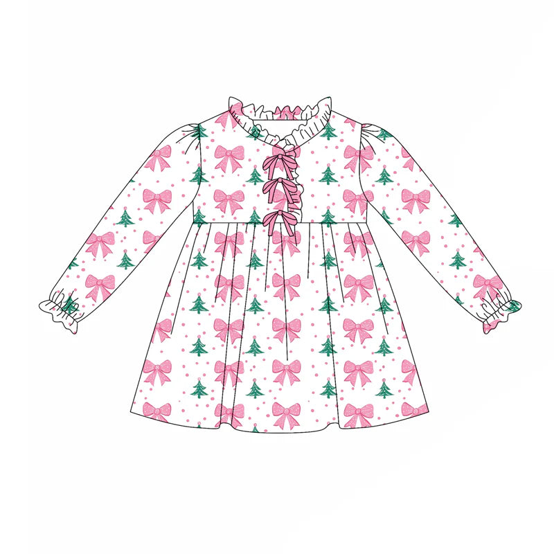 7.31preorder(moq 5) Baby Girls Long Sleeves Pink Bows Polka Dots Christmas Trees Knee Length Dress
