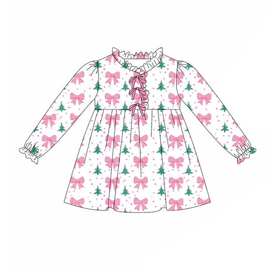 7.31preorder(moq 5) Baby Girls Long Sleeves Pink Bows Polka Dots Christmas Trees Knee Length Dress