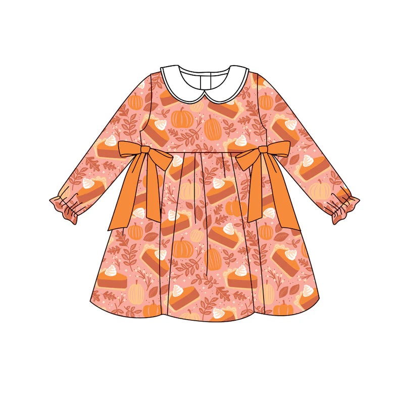 7.12Preorder (moq 5)Baby Girls Peach Long Ruffle Sleeves Pie Pumpkins Bows Knee Length Dresses