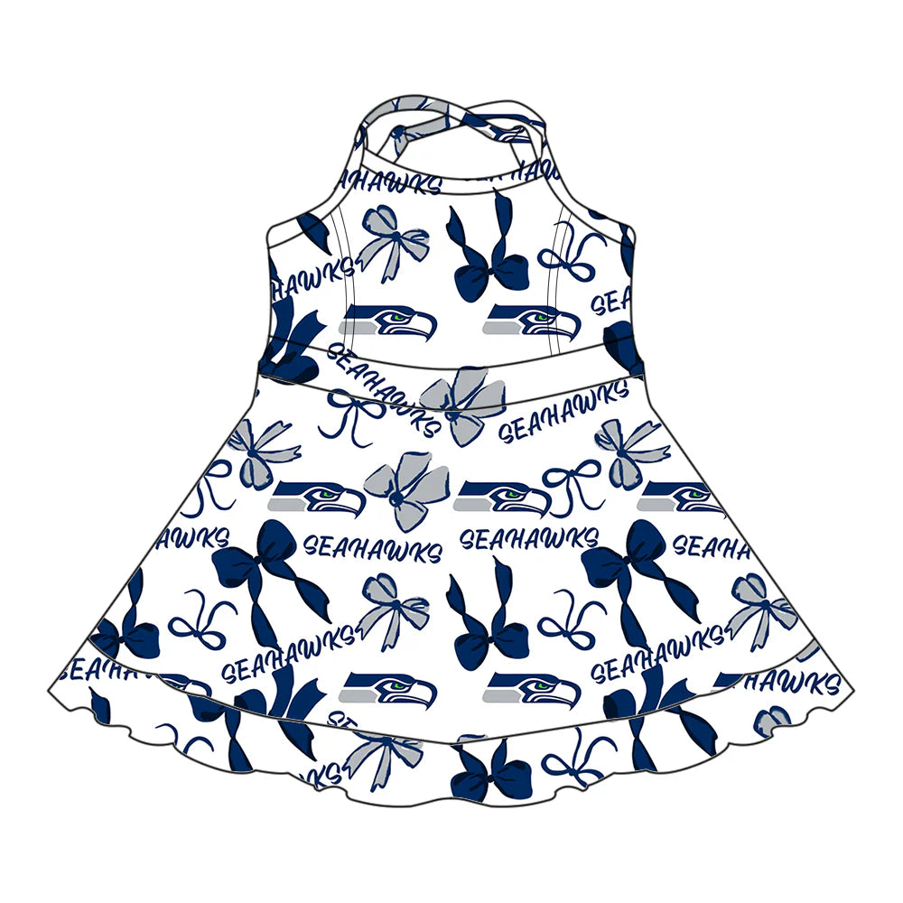7.1Preorder (moq 5)Baby Girls Strap Bows Plaid Seahawks Short Ruffle Team Knee Length Dresses