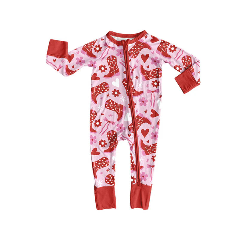 X908 Preorder (moq 5)Baby Girls Boots Bows Flowers Valentine Zipper Footie Rompers