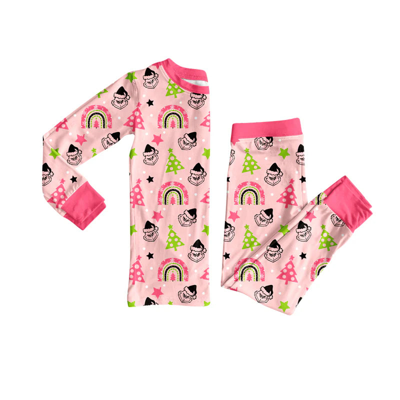 8.8Preorder(moq 5) Baby Girls Pink Christmas Trees Green Face Top Pants Pajamas Set