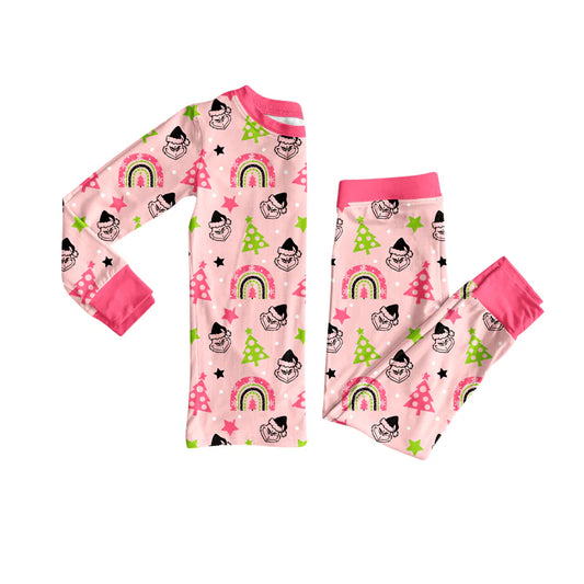 8.8Preorder(moq 5) Baby Girls Pink Christmas Trees Green Face Top Pants Pajamas Set