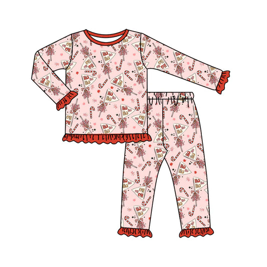 7.10Preorder (moq 5)Baby Girls Long Sleeves Candy Cane Snowflake Top Ruffle Pant Pajamas Clothes Set