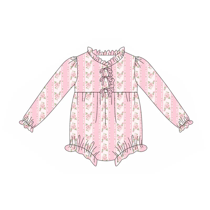 8.5Preorder(moq 5)Baby Infant Girls Pink Flowers Stripe Button Ruffle Rompers