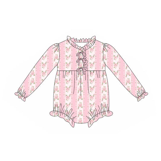 8.5Preorder(moq 5)Baby Infant Girls Pink Flowers Stripe Button Ruffle Rompers