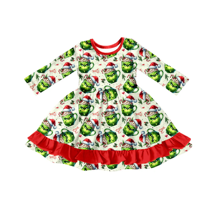 8.2Preorder (moq 5)Baby Girls Christmas Green Face Candy Cane Ruffle Knee Length Dresses