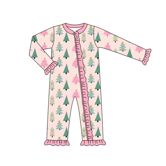 7.15Preorder (moq 5)Baby Girls Pink Long Sleeves Colorful Trees Plaid Ruffle Zipper Romper