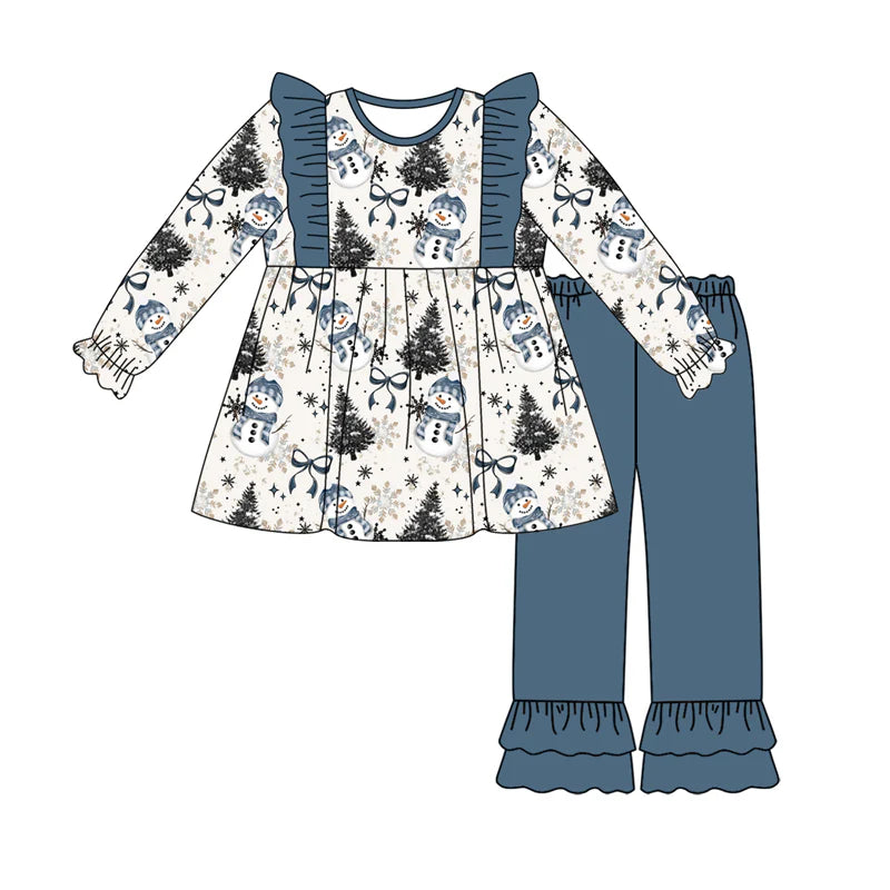7.21Preorder (moq 5)Baby Girls Long Sleeves Blue Bows Snowman Plaid Tunic Ruffle Pants Set