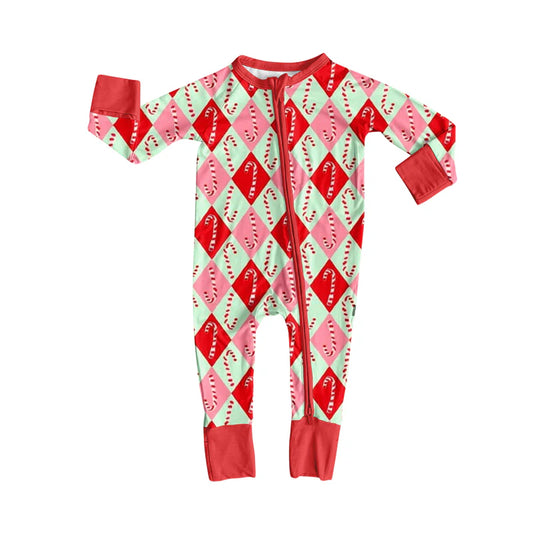 7.15Preorder (moq 5)Baby Girls Long Sleeves Red Green Plaid Candy Cane Zipper Pant Romper