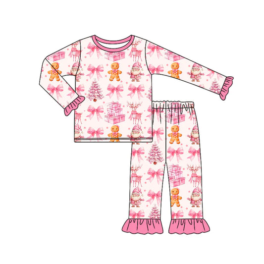 7.10Preorder (moq 5)Baby Girls Long Sleeves Pink Bows Gingerbread Top Ruffle Pant Pajamas Clothes Set