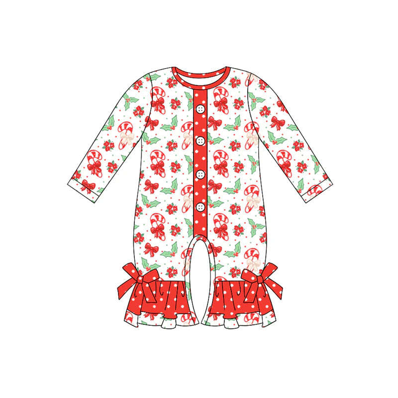 7.15Preorder (moq 5)Baby Girls Long Sleeves Red Bows Candy Cane Holly Button Ruffle Pant Romper