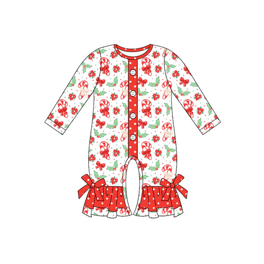 7.15Preorder (moq 5)Baby Girls Long Sleeves Red Bows Candy Cane Holly Button Ruffle Pant Romper