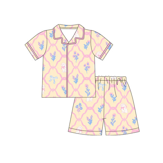 X12.17 Preorder (moq 5)Baby Girls Rabbits Flowers Checked Button Top Shorts Easter Pajamas Sets