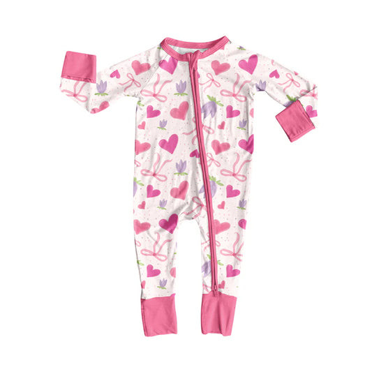 7.19Preorder(moq 5)Baby Kids Pink Bows Hearts Flowers Zipper Pant Rompers