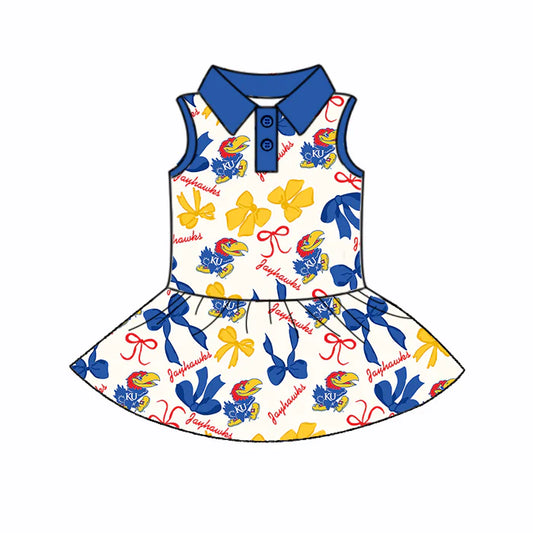 6.28Preorder (moq 5)Baby Girls Blue Sleeveless Bows Plaid KU Button Team Knee Length Dresses