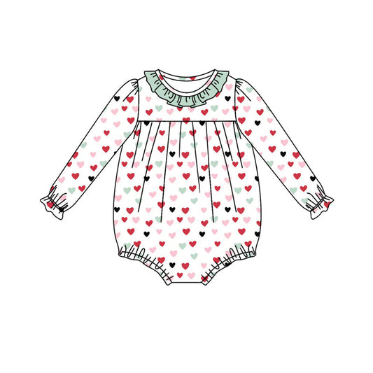 X922Preorder (moq 5)Baby Girls Long Ruffle Sleeve Colorful Hearts Valentine Rompers