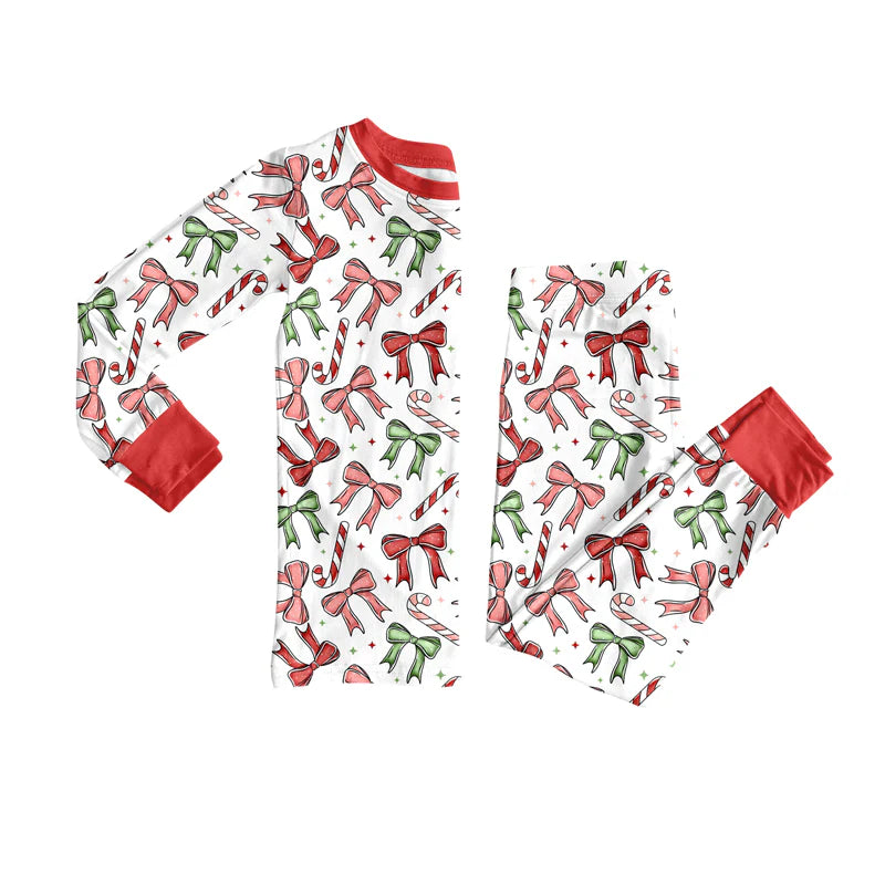 8.13Baby Girls Christmas Red Green Bows Top Pants Lounge Wear Pajamas Sets