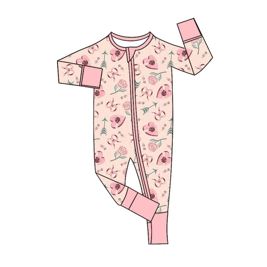 X1.16 Preorder (moq 5)Baby Girls Flower Hearts XOXO Valentines Two Way Zip Convertible Rompers