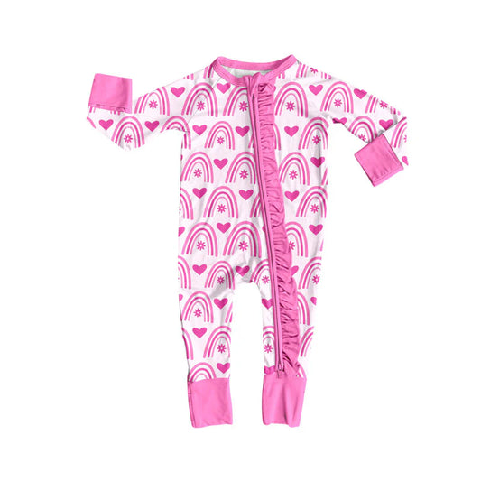 X919Preorder (moq 5)Baby Boys Pink Rainbows Hearts Valentine Ruffle Zipper Footie Rompers