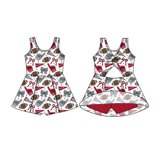 7.18Preorder (moq 5)Baby Girls Sleeveless Red Bows Footballs Shorts Team Knee Length Dresses