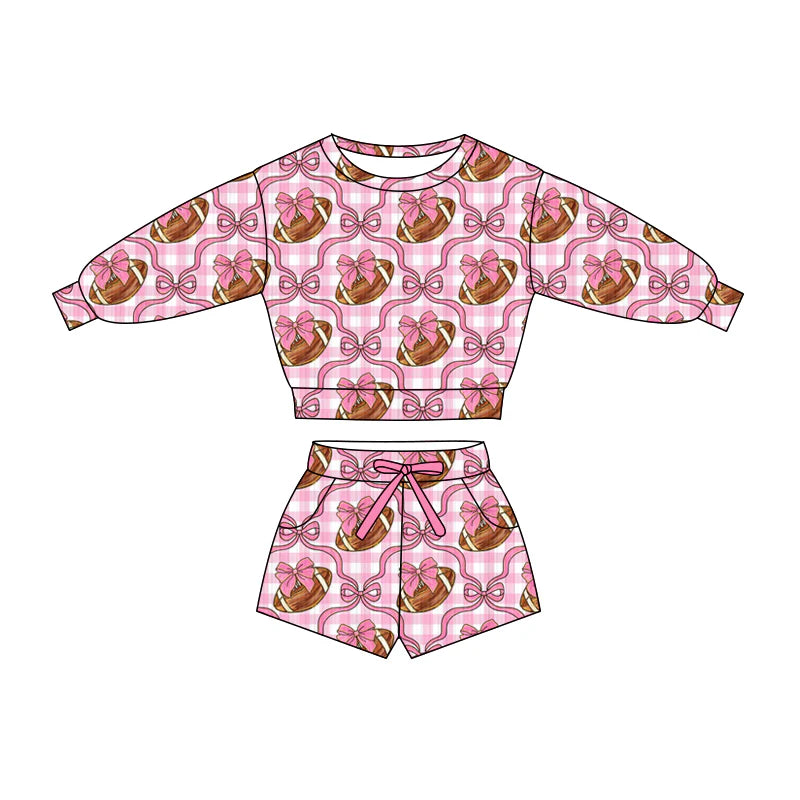 X1.16Preorder (moq 5)Baby Girls Pink Checked Bow Footballs Top Pockets Shorts Team Clothes Sets