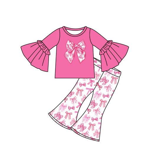 7.21Preorder (moq 5)Baby Girls Pink Bell Long Sleeves Flower Bows Top Bell Bottom Pants Set