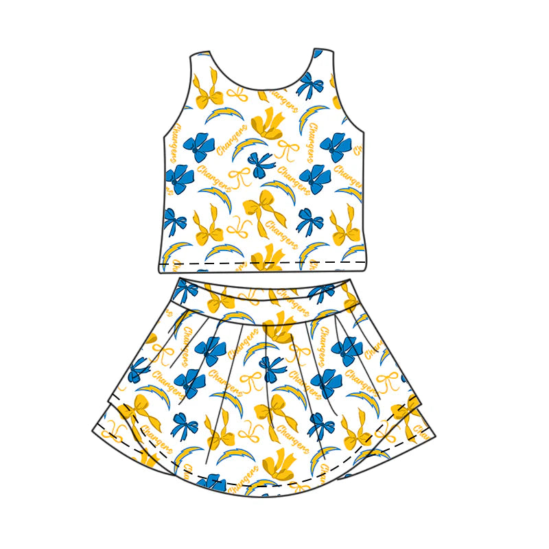 6.30Preorder (moq 5)Baby Girls Sleeveless Bows Plaid Chargers Top Skorts Team Set