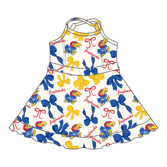 6.28Preorder (moq 5)Baby Girls Blue Strap Bows Plaid KU Short Ruffle Team Knee Length Dress