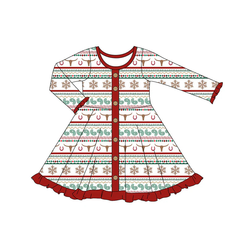 7.11Preorder (moq 5)Baby Girls Long Ruffle Sleeves Bull Skull Aztec Button Knee Length Dresses