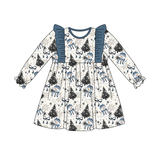7.21Preorder (moq 5)Baby Girls Long Ruffle Sleeves Blue Bows Snowman Plaid Knee Length Dress