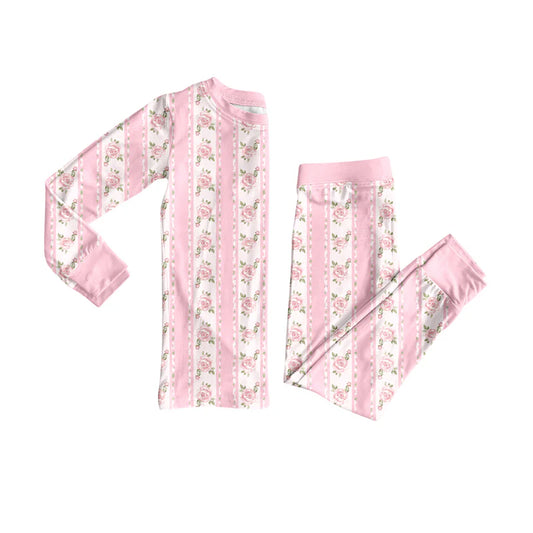 7.31Preorder(moq 5) Baby Girls Long Sleeves Pink Flowers Stripe Top Pants Pajamas Set