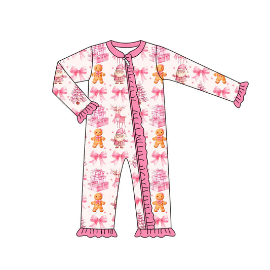 7.15Preorder (moq 5)Baby Girls Long Sleeves Pink Bows Santa Gingerbread Ruffle Zipper Pant Romper